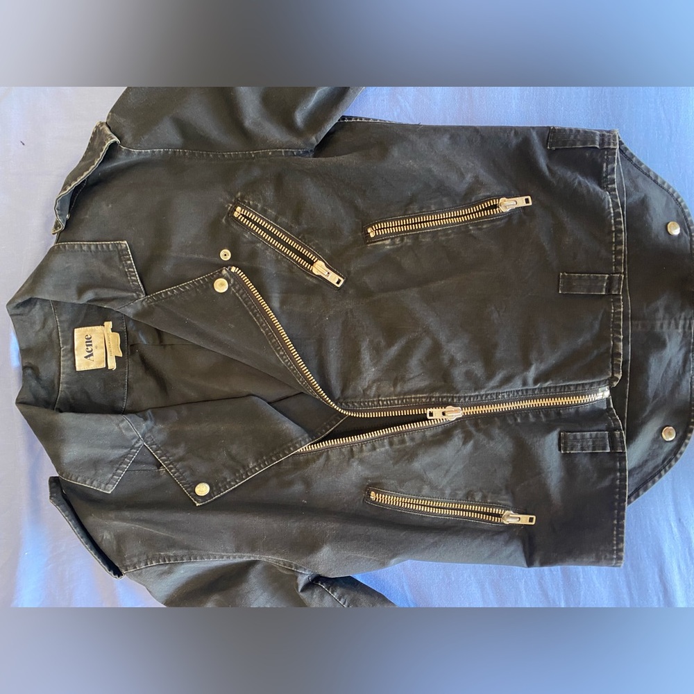Acne Charcoal Military Jacket with Gold Zippers